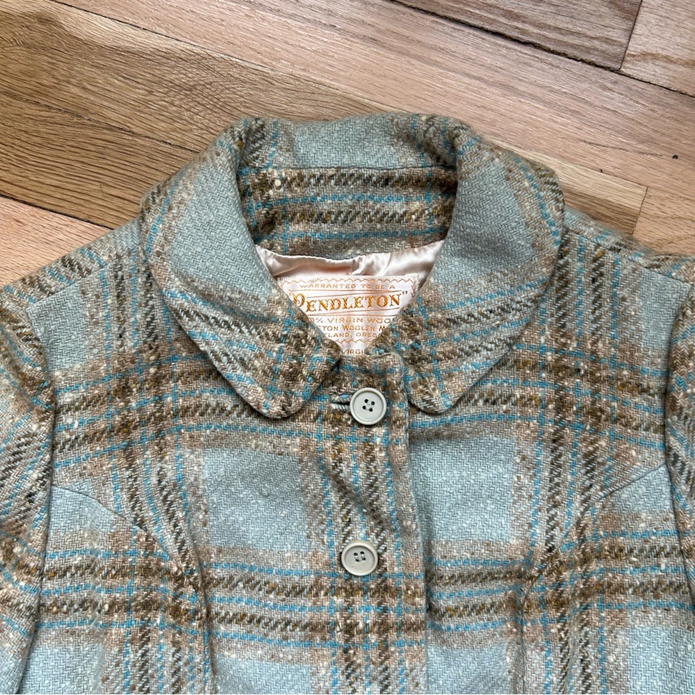 VINTAGE 50s 60s Turquoise Pendleton Plaid Cropped Jacket - Picture 8 of 9